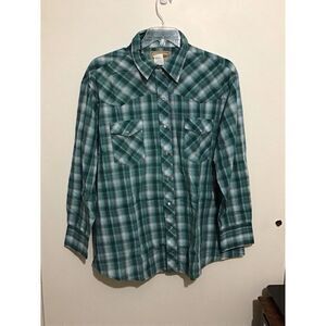 Wrangler Pearl Snap Western Shirt Mens 2XL Green Gray Plaid Cotton‎ Polyester